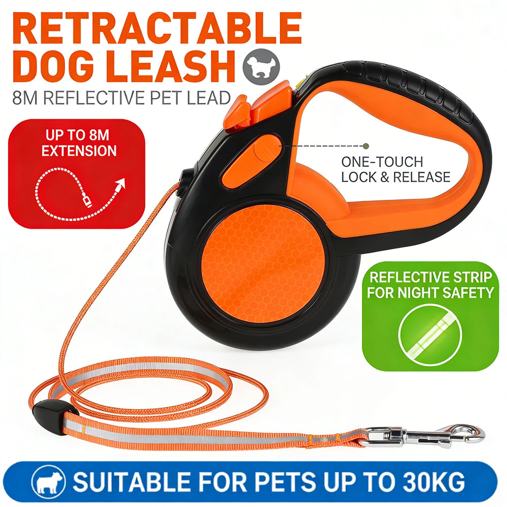 Correa extensible de 8 m con freno y luz - ESTIORA Mascotas